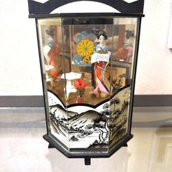 Vintage Miniature Japanese Geisha Doll in Wood Glass Display