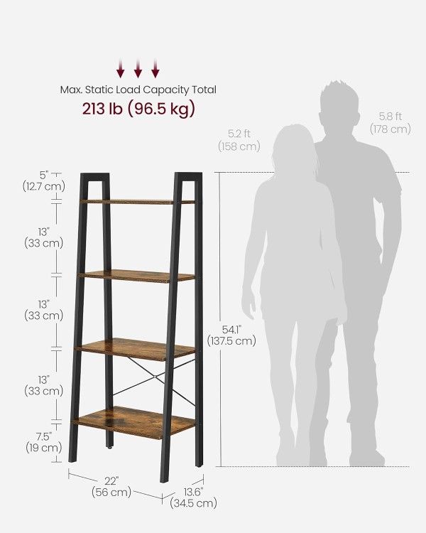 VASAGLE Ladder Shelf, 4-Tier Bookshelf, Storage Rack, Bookcase with Steel Frame