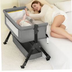 3 in 1 Baby Bassinet Bedside Sleeper, Bedside Crib for Baby, Adjustable Baby Bassinet with Wheels, Storage Basket, Mattress, Easy Assemble & Folding P