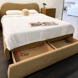Contemporary Boucle Fabric Queen Or Eastern King Size Bed Frame With Storage Drawer