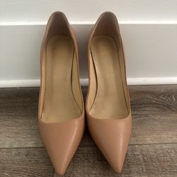 Matte beige leather pointed toe red bottom loubuotin  heels