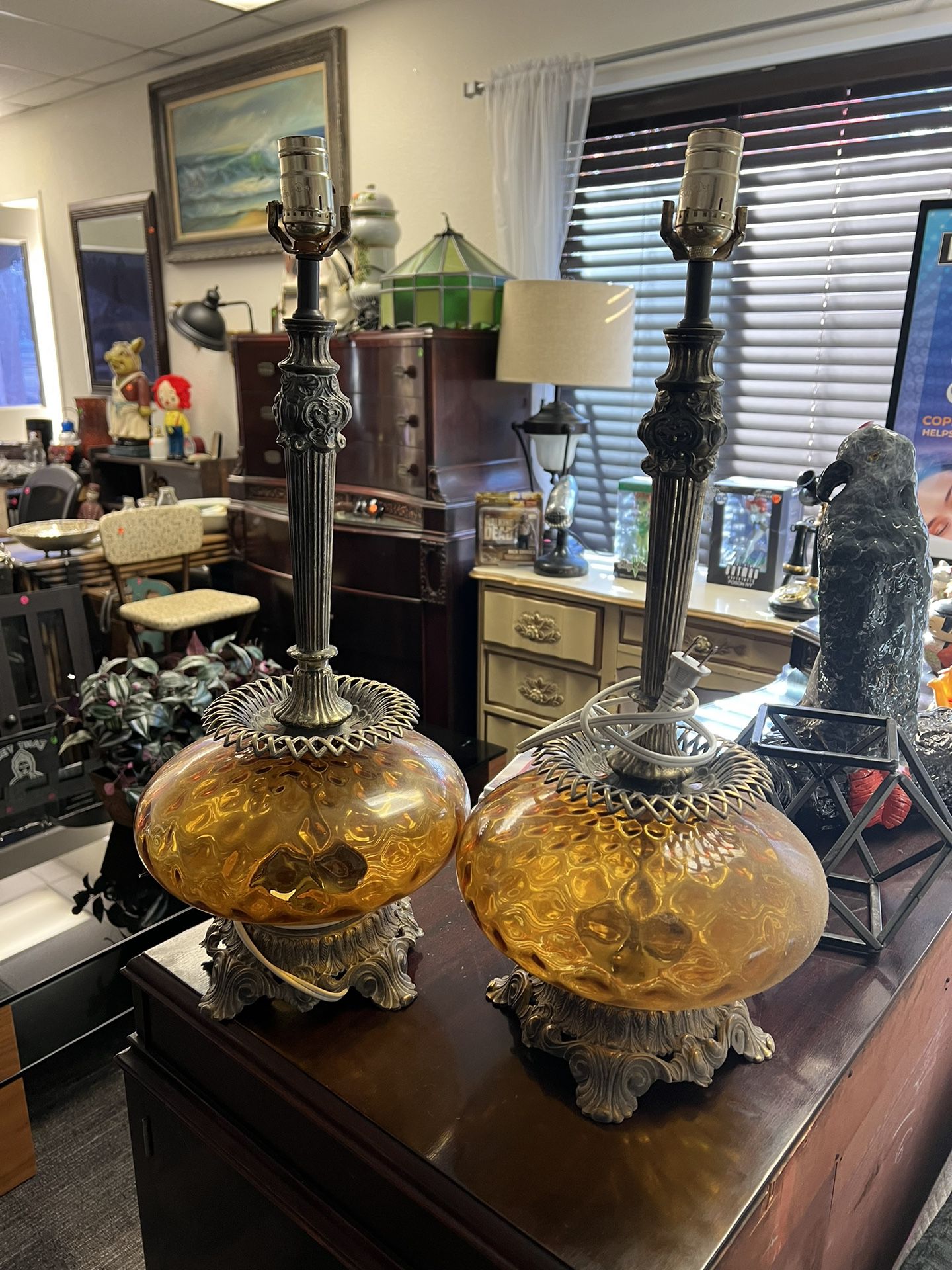Antique Amber Blown Glass Orange Vintage Art Deco Lamps Pair