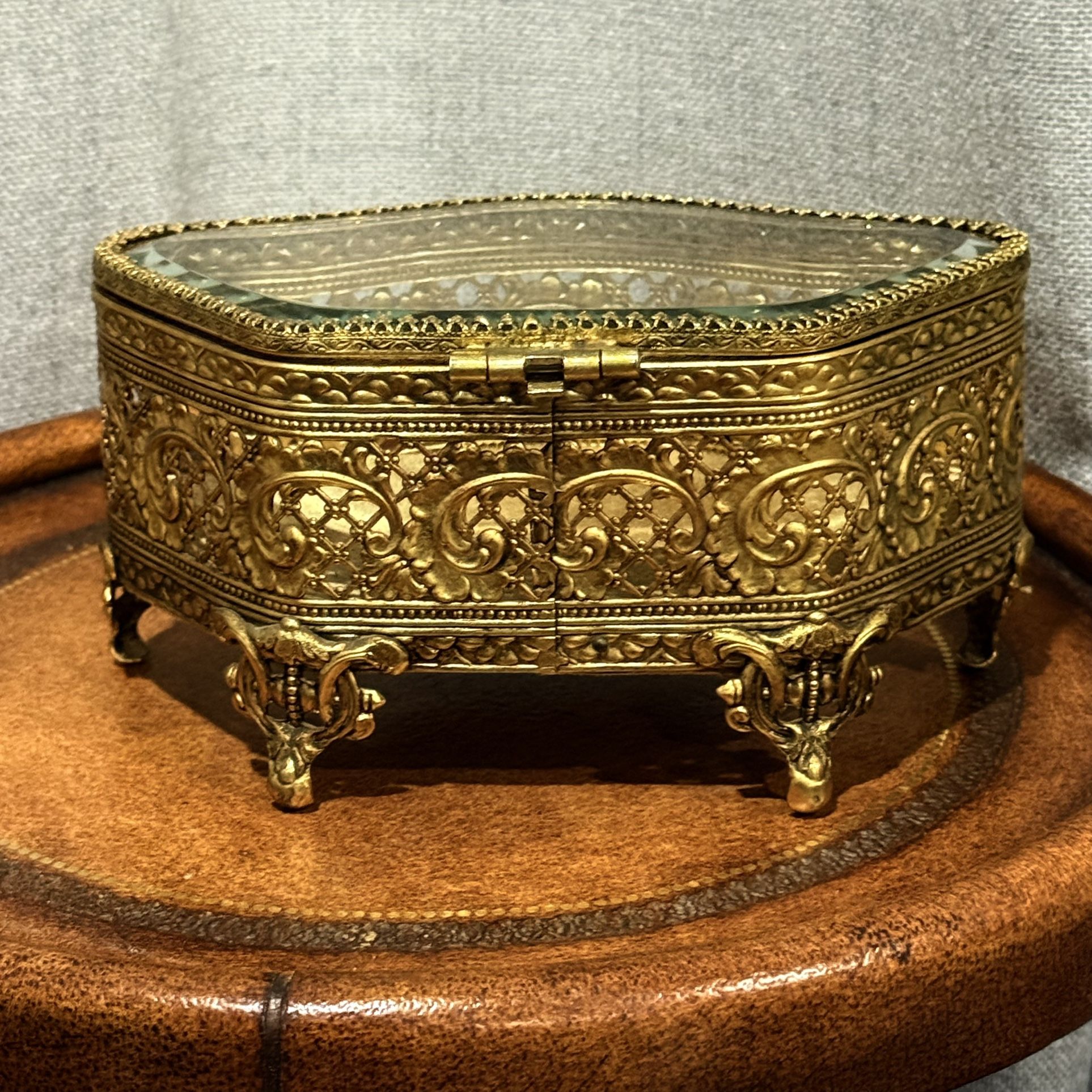 Vintage Ornate Filigree Brass & Glass Jewelry Casket Trinket Box • Velvet Base• Footed