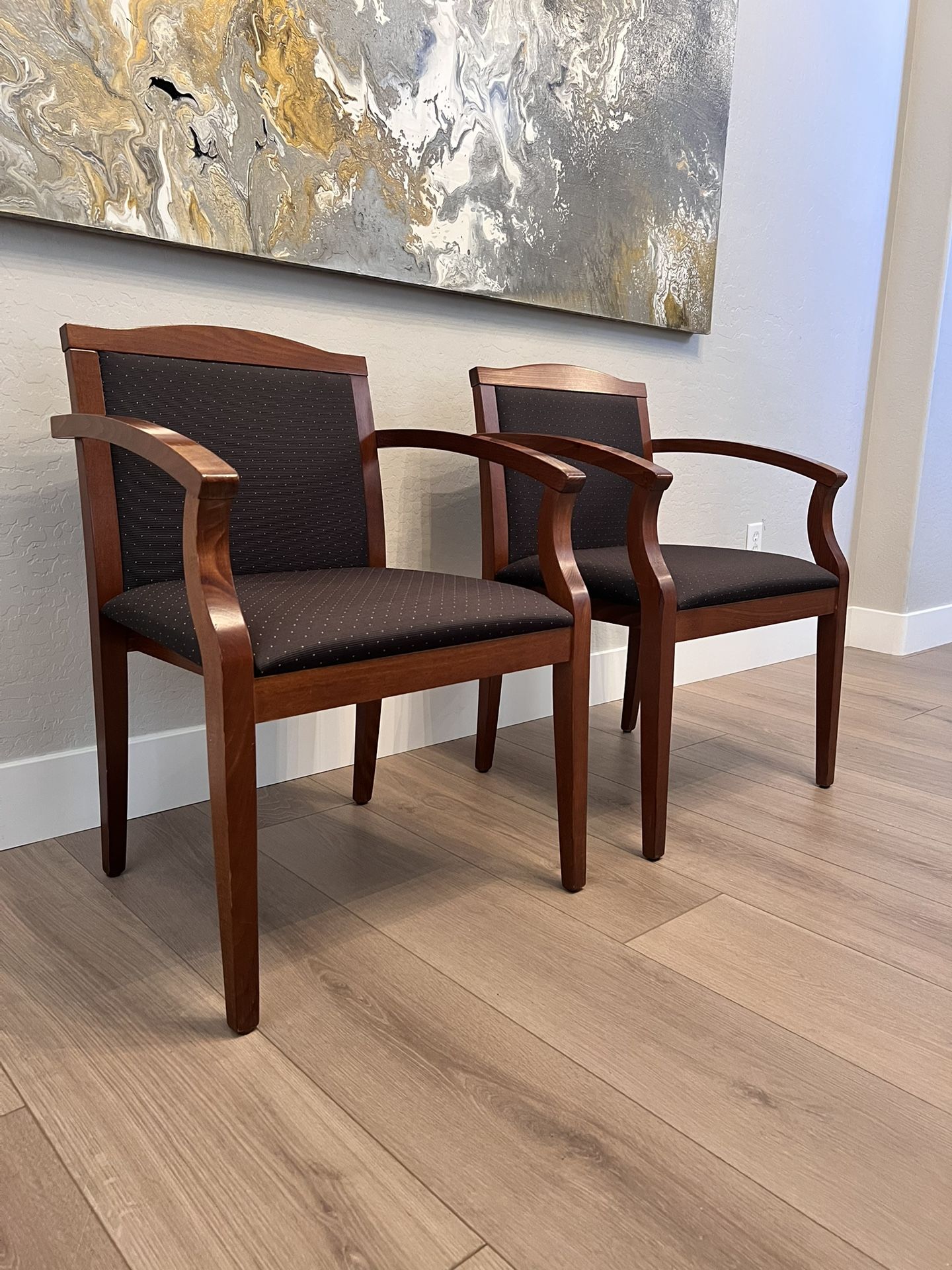 TWO Office Guest Chairs- Solid Wood Frame Armchairs w/ Black Upholstery