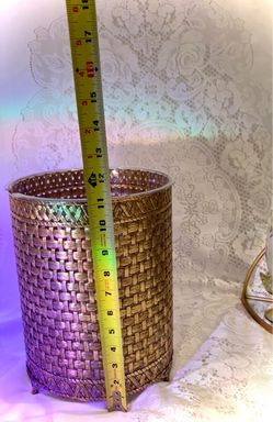 Vintage Hollywood Regency Metal Basket Weave Trash Can Wastebasket 12"