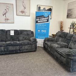 2Pc Dark Gray Corduroy Sofa & Loveseat Recliner Set - Free Delivery 