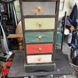 Vintage Skinny slim solid wood dresser w/ 5 multicolored drawers. Beautiful accent storage piece. 