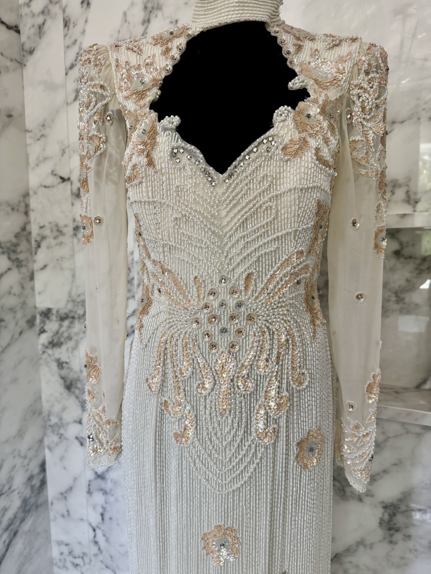 Alyce Designs White Sequined Embroidered Beaded Vintage Dress Size