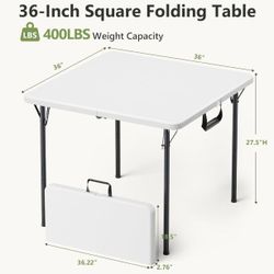 36 Inch Folding Card Table, Heavy Duty Square Folding Game Table with Carrying Handle, Fold-in-Half Portable Utility Table, No Assembly, Indoor Outdoo