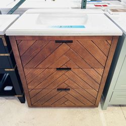 Brand New Bathroom Vanity “30” in Brown with 2 modern drawers and Marble Top in White  $419 