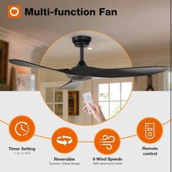 Outdoor Ceiling Fan, 52 inch Black Fan with Remote Control, 6 Speeds, Reversible DC Motor, Noiseless, Modern Ceiling Fans without Light for Patio,Gaze
