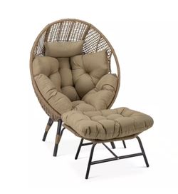 Wicker Egg Chair with Ottoman, Indoor Outdoor Egg Basket Lounge Chair w/Cushion, Oversized Egg Seat with Legs 440 Lbs, Comfy Cozy Boho Style Nest Chai