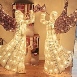 Pair Of 2 Christmas Lighted 5 Ft Holiday Animated Trumpeting Angels Wings Freestanding Outdoor Indoor