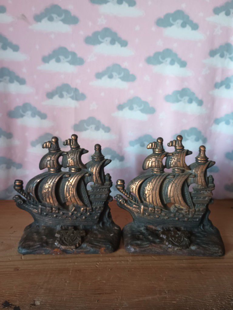 Vintage Brass Sailing Ship Bookends 