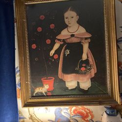 Beautiful Primitive Gold Framed Folk Art Girl with Cat Painting Wall Art