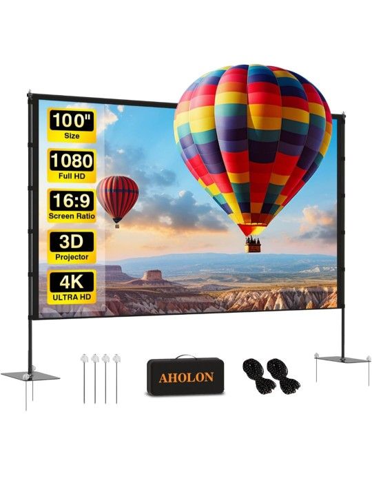 Outdoor Projector Screen with Stand - 100 inch Portable Projector Screen Indoor Outdoor Projection Screen 16:9 4K HD Outdoor Movie Screen with Carry