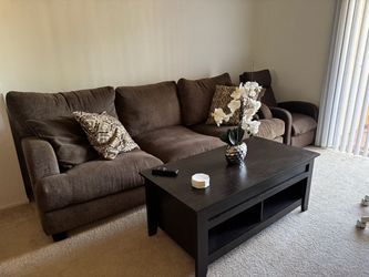 Brown fabric couch, and recliner