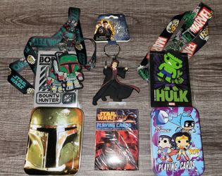 SET OF 6 ITEMS: FUNKO POP BOBA FETT, INCREDIBLE HULK, DARTH VADER, HARRY POTTER, STAR WARS, DC COMICS, MARVEL COMICS SEE DESCRIPTIONS FOR DETAILS