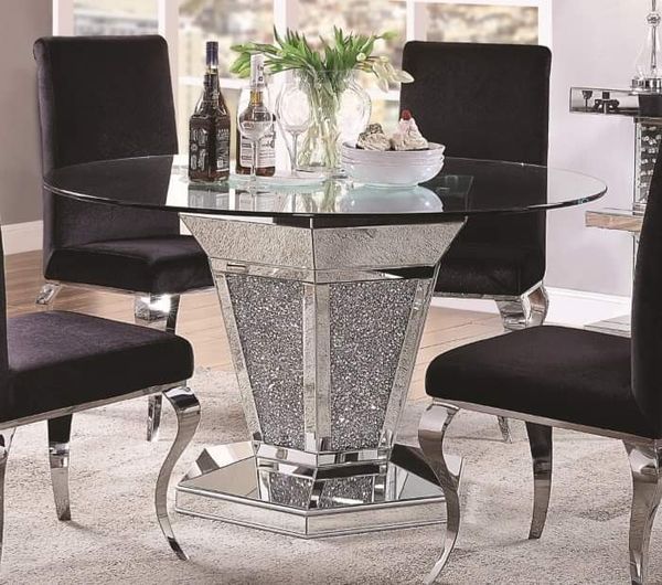 GLITZ AND GLAM GLASS ROUND 5 PIECE DINING TABLE SET BLACK CHAIRS for Sale in Rancho Cucamonga 
