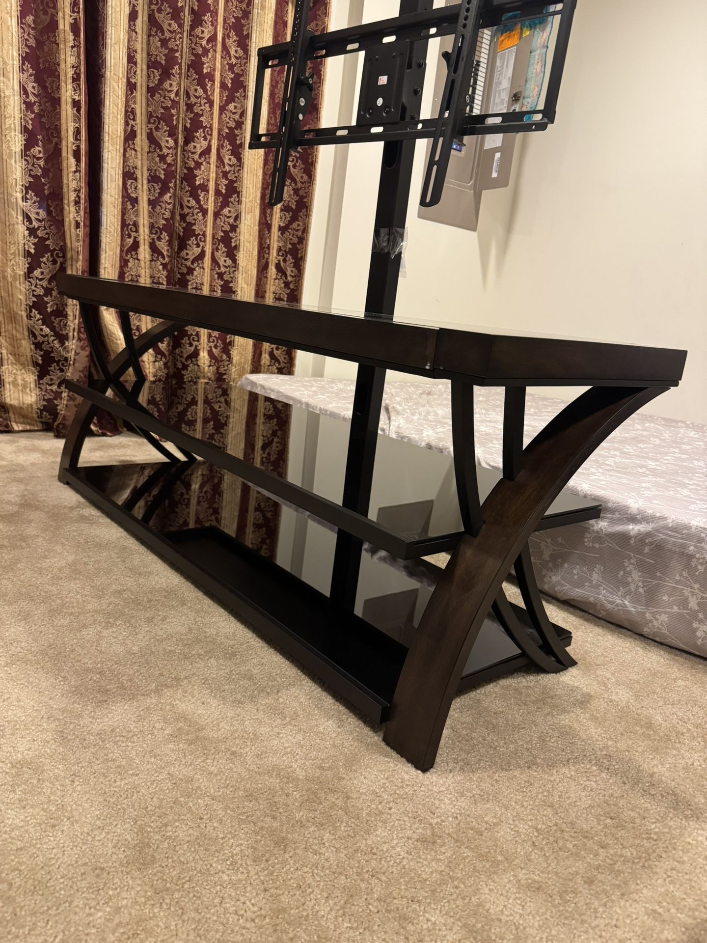 TV table and 2 living room chairs with 3 rugs, sizes, 6feet.10inches x 4.11. and10 feet x 6.5. And 12.5x 10.
