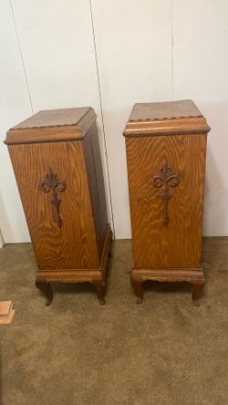 Two 1950s Tall Golden Oak embossed w/fleur de lis-