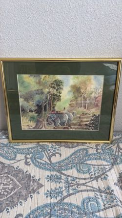 Framed Watercolor Painting of Elephants in Forest