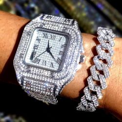 Luxury Cubic zirconia watch and bracelet set iced out does not pass diamond tester