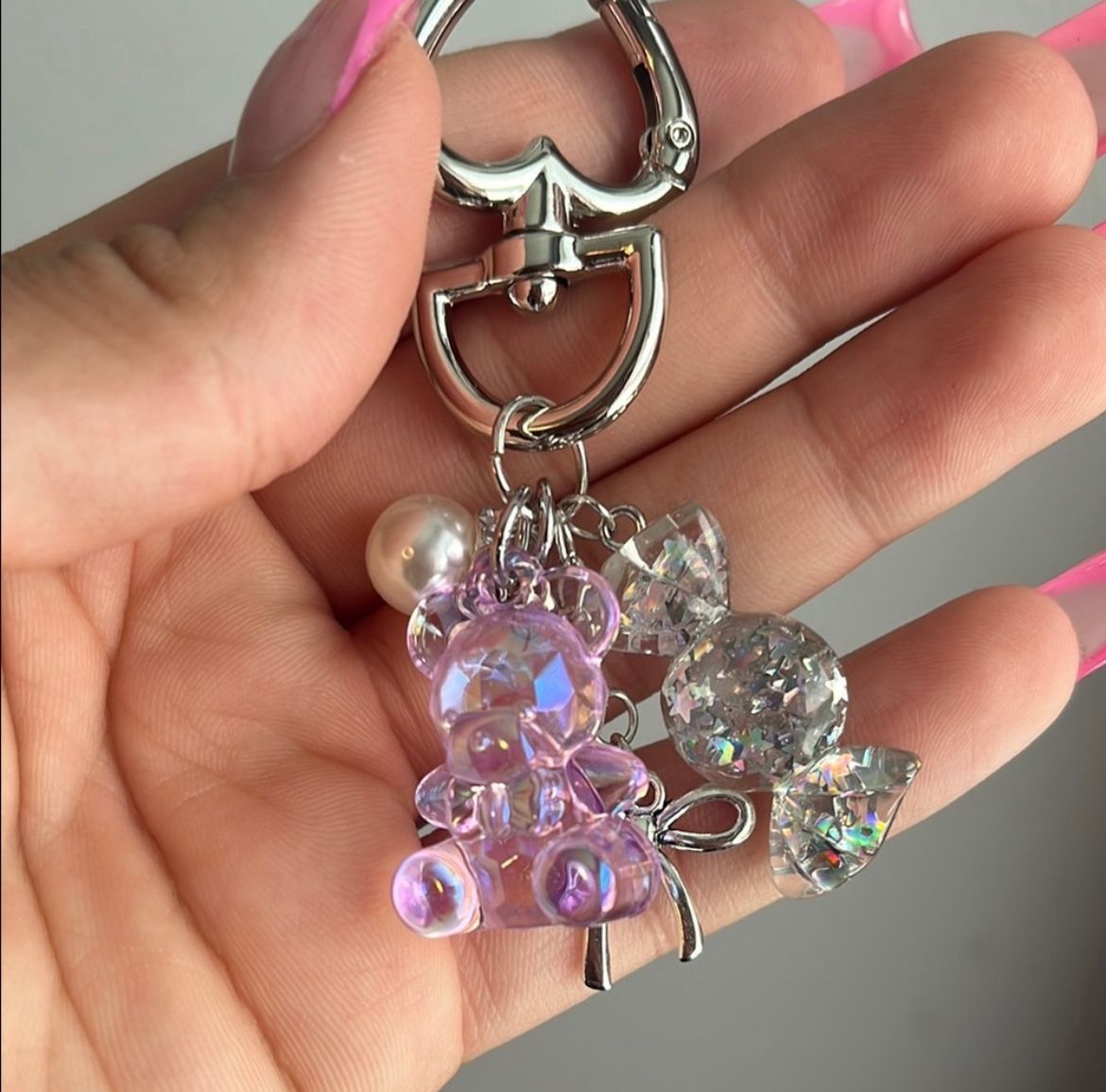 Iridescent purple Bear Keychain with Silver Accents