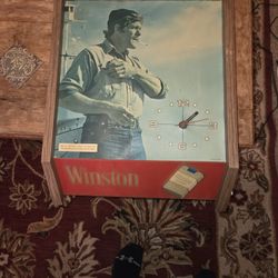 Vintage Winston Cigarette Electric Wall Sign 1980's. Clock Works and Lights Up