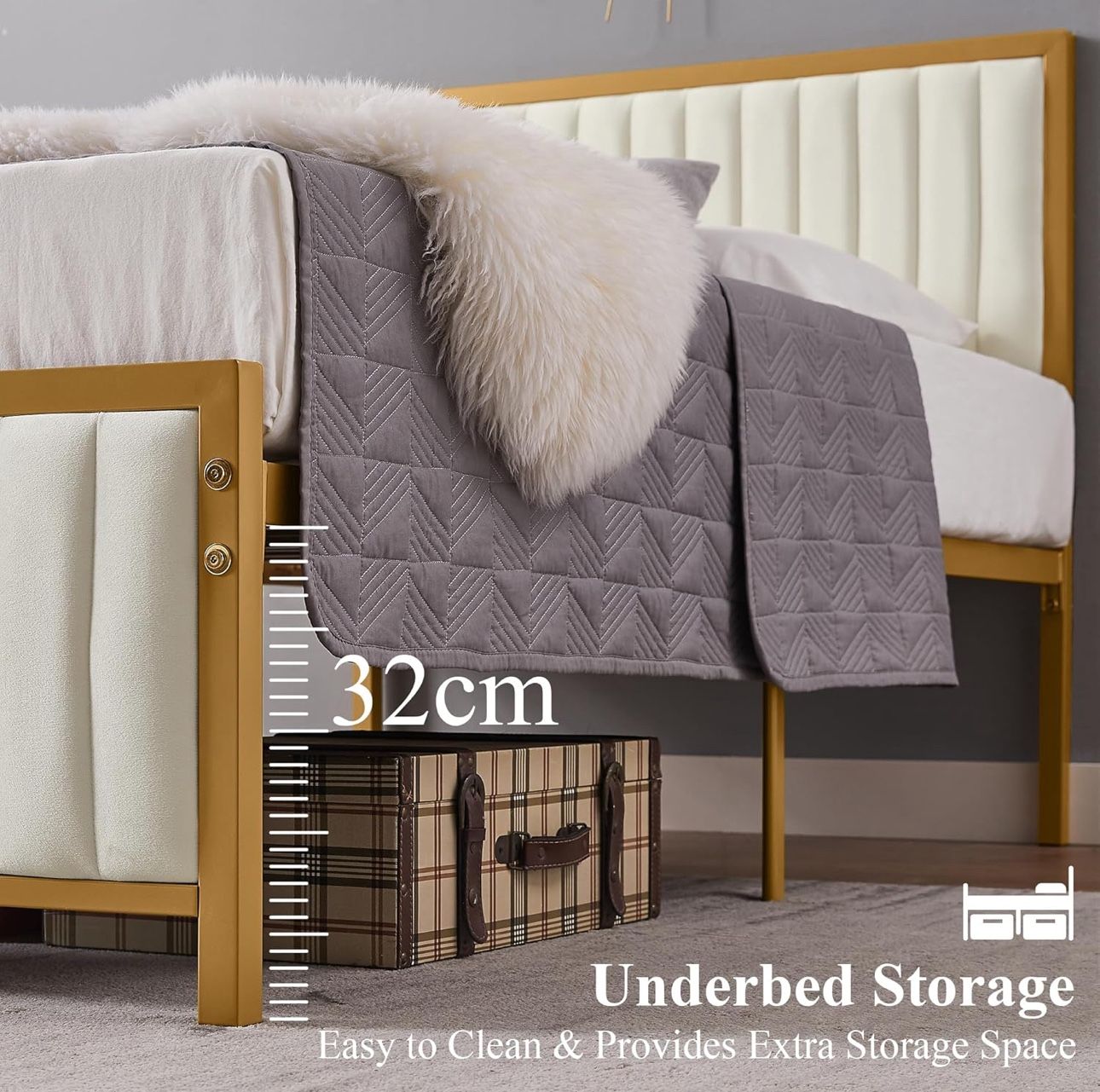 Cute Tufted Velvet Cream & Gold Queen sized Bedframe & Mattress