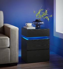 Nightstand with LED Lights, Adjustable Light Colors, Bedside Table, Side Table with 3 Drawers, Modern Style, 13.8 x 15.7 x 21.7 Inches, Ebony Black UL