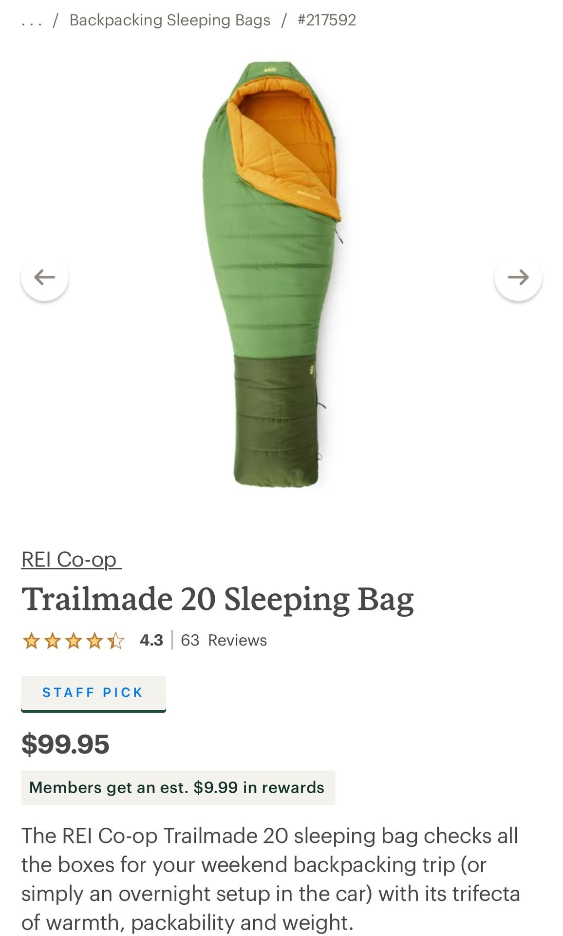 REI trailmade 20 Sleeping Bag
