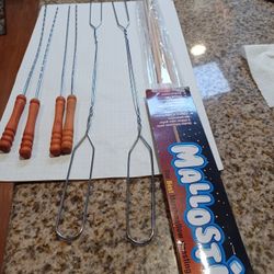 New 4 Marshmellow sticks 32" &, 2  wire Weiner Sticks , + Wood Handle Skewers For BBQ   All $6.   