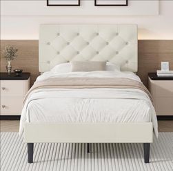 Twin Bed Frame for Kids, Upholstered Platform Bed, White
White Bed Frame with Tufted Headboard, No Box Spring Needed