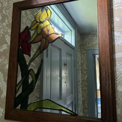 Vintage Stained Glass Mirror Art Glass Flowers Wood Frame Heavy 22.5” X18.5”