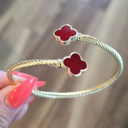 Four-leaf Clover Red Carnelian, Yellow Gold Plated Adjustable Cuff Bracelet