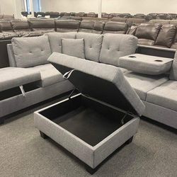 (NEW IN BOX)Reversible Grey Sectional With Cup Holder And Free Ottoman -$54 DOWN PMT
