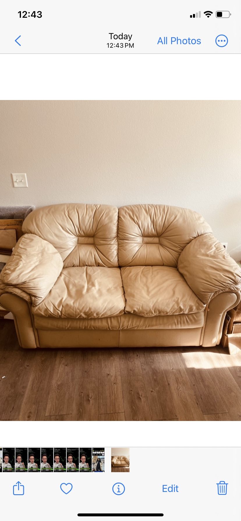 Two Beige Leather Sofas