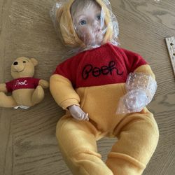 Ashton Drake Porcelain Doll Dressed As Winnie The Pooh & Mini Winnie The Pooh Plush Toy