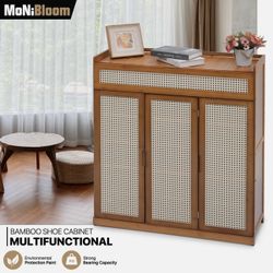 34" Bamboo Shoe Cabinet Rack 7-Tier Multifunction Storage Shelf Organizer w/Door
