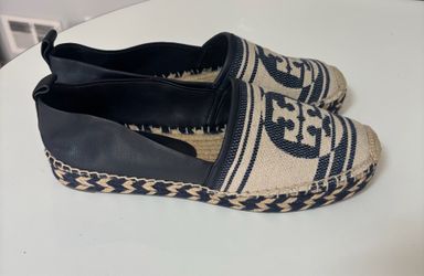 Tory Burch Double T Logo Canvas Leather Espadrille Flats
