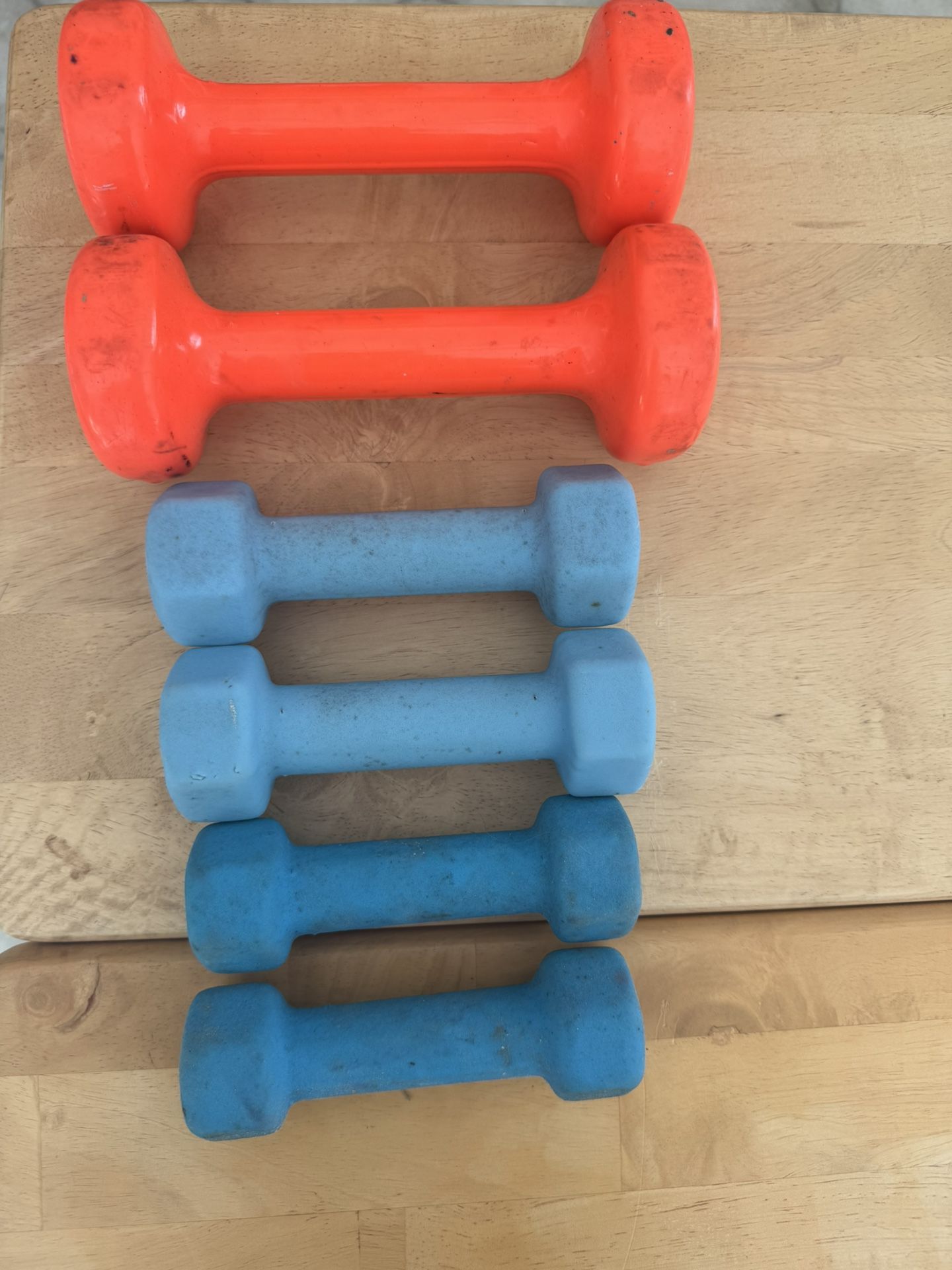 Lot Of 3 Pairs Of Hand Weights (6 Dumbbells) 2, 3 and 5 Lb Orange and Blue