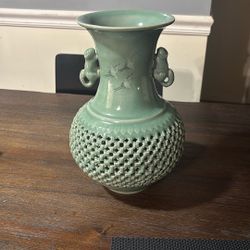 Celadon Reticulated Crackle Glass Crane Asian Signed Korean Pottery Vase