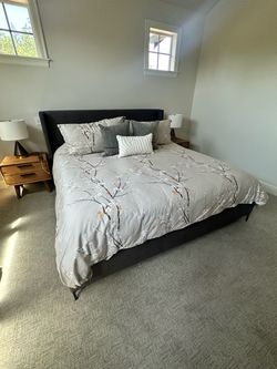 Pottery Barn King Size Upholstered Wingback Bed Frame with Park Lane Mattress