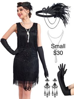 Women’s Flapper 1920’s Roaring 20s Great Gatsby Fringe Dancer Dress Black Small Vintage