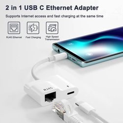 new USB C to Ethernet Adapter, 2 in 1 USB C to RJ45 Adapter with 60W PD Type-C Charge Port Supports 10/100Mbps Ethernet Network, Compatible for Androi