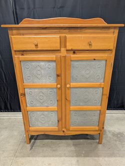 Rustic Pine Wood Pie Safe Cabinet with Embossed Tin Panels