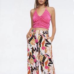 New Forever 21 Ruched Halter Crop Top Small Shocking Pink V Neck 