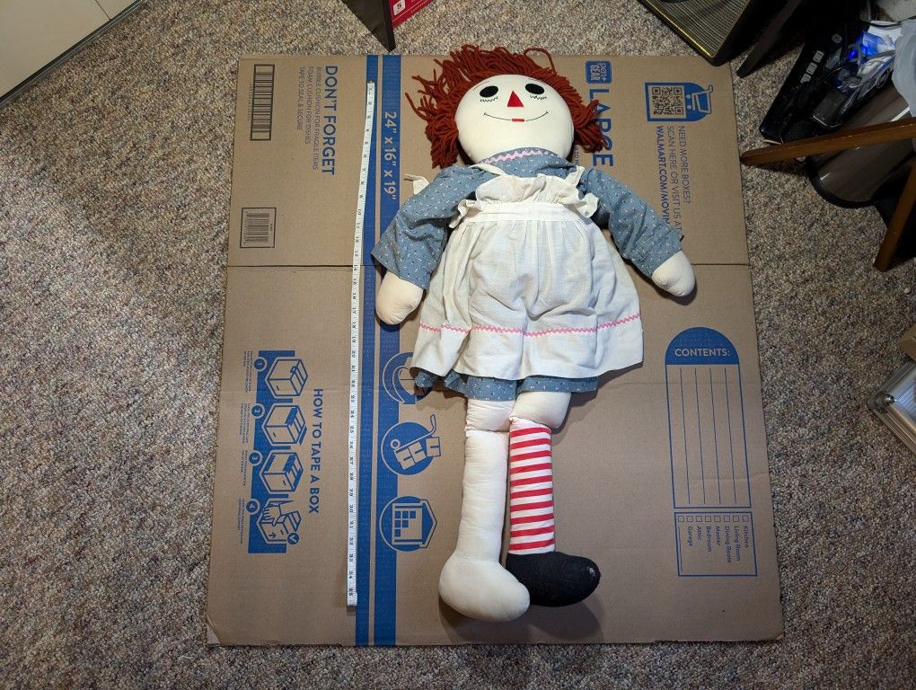 Raggedy Ann Doll 34” Large Floral Dress, White Apron, Nickers Vintage Stripes