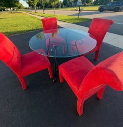 Title: Round Glass Top Dining Table + 4 Red Chairs Wrought Iron Base
